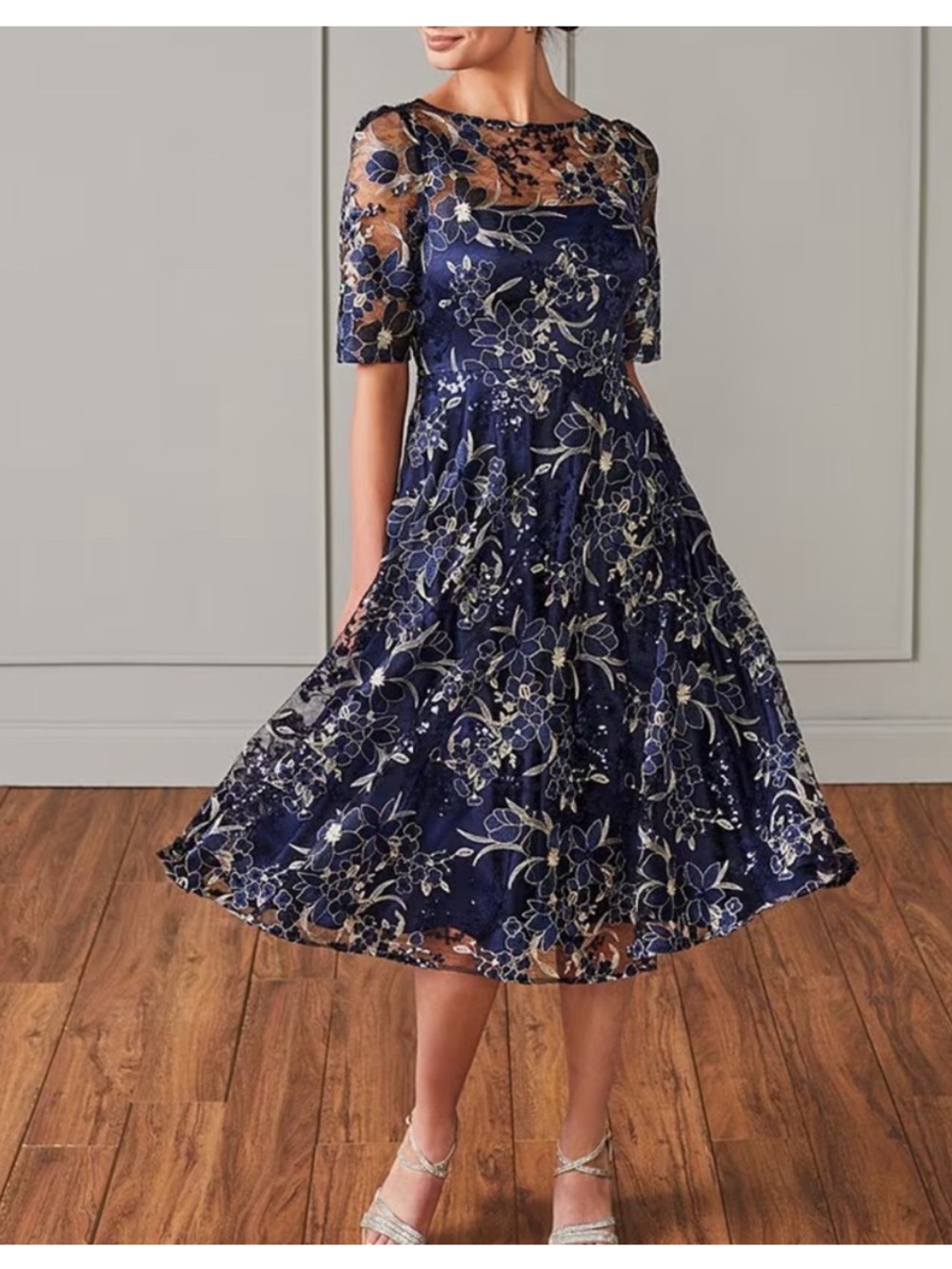 Eliza J Short Sleeve Illusion Yoke‎ Dress Navy Size 6 Formal Cocktail Evening
